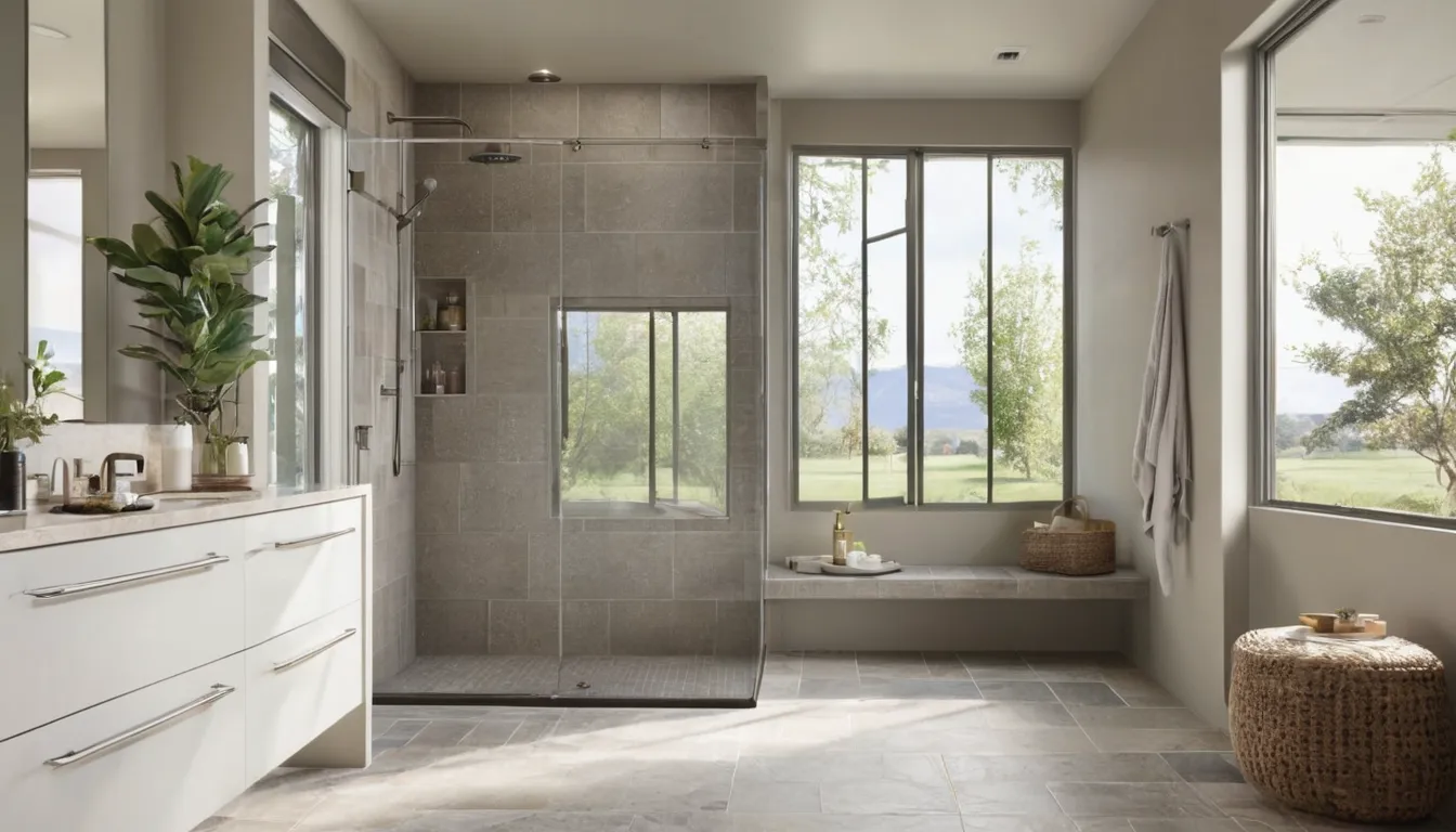 A homeowner in the Whittier area smiling in a bright bathroom with a newly converted low-entry shower and glass panel